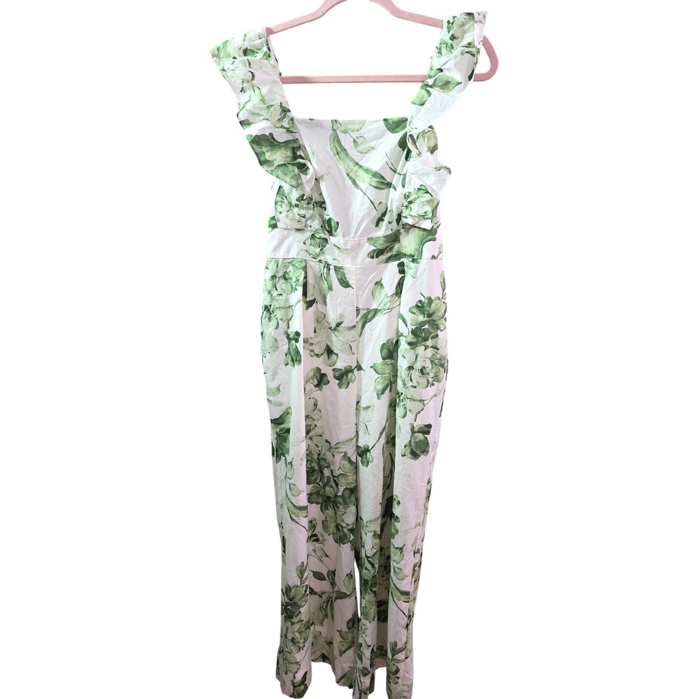 Taylor Green Floral Wide Leg Jumpsuit Ruffle Strap Cotton Womens Size Medium - Picture 2 of 13